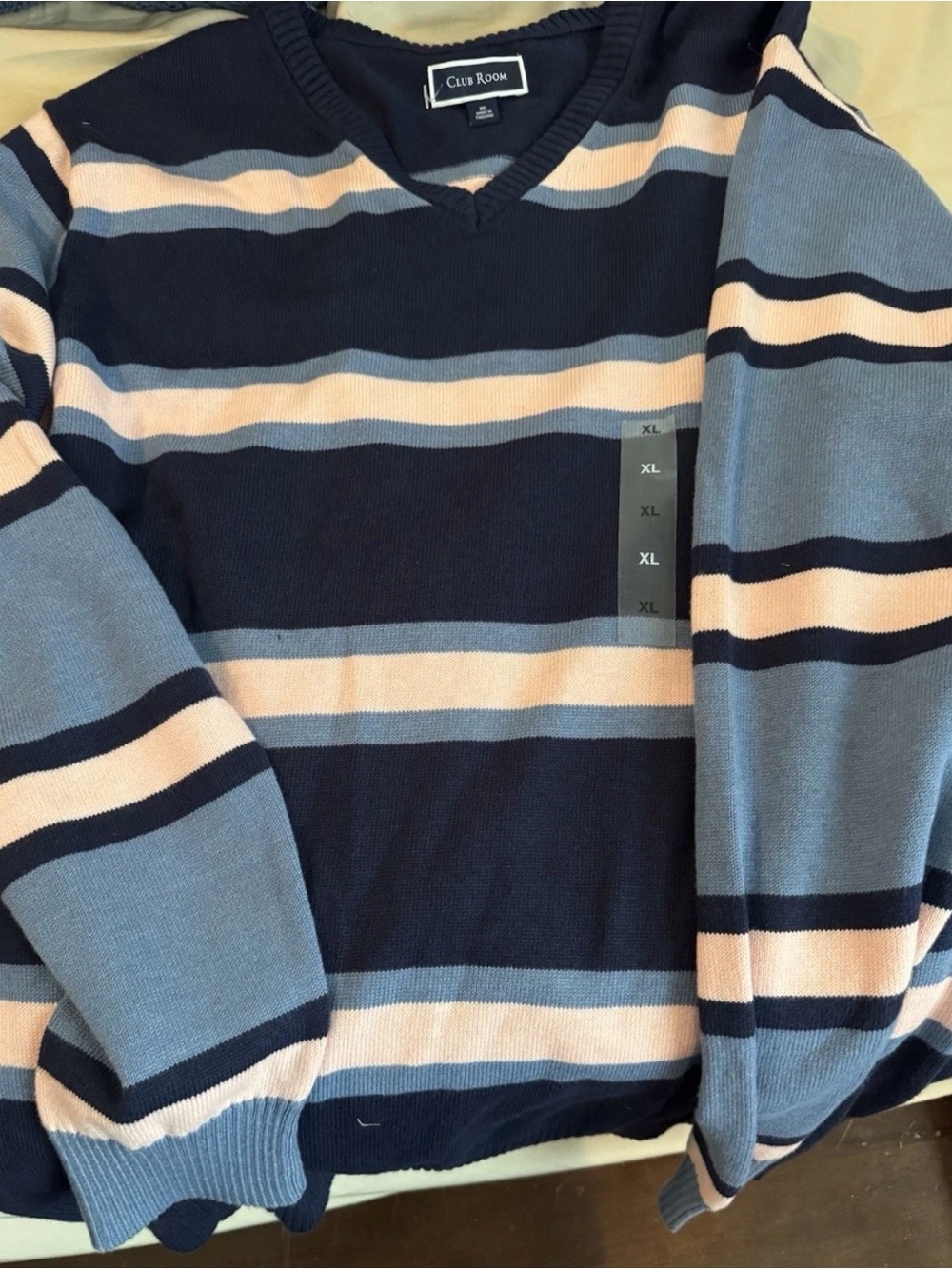 Club Room Men’s Navy, Light Blue & Cream Striped V-Neck Sweater